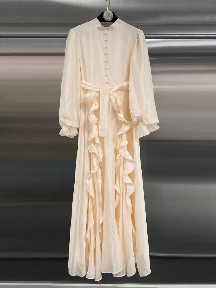 DFDG femmes 2025 printemps été élégant luxe Chic robe Maxi à volants cravate taille coupe ajustée mode soirée robe de Cocktail