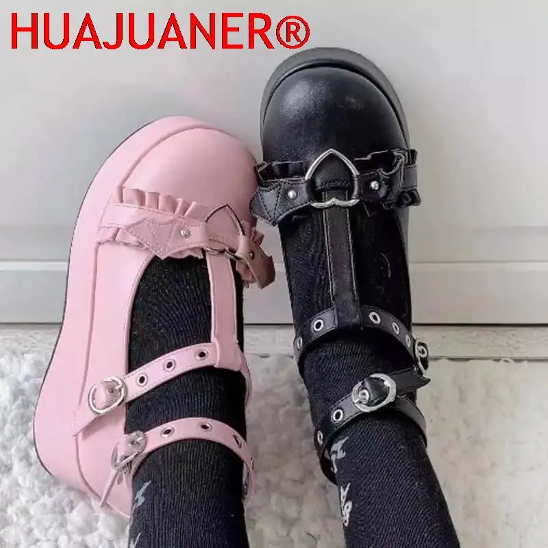 2023 Sweet Heart Buckle Wedges Mary Janes Women Pink T-Strap Chunky Platform Lolita Shoes Woman Punk Gothic Cosplay Plus Size 43