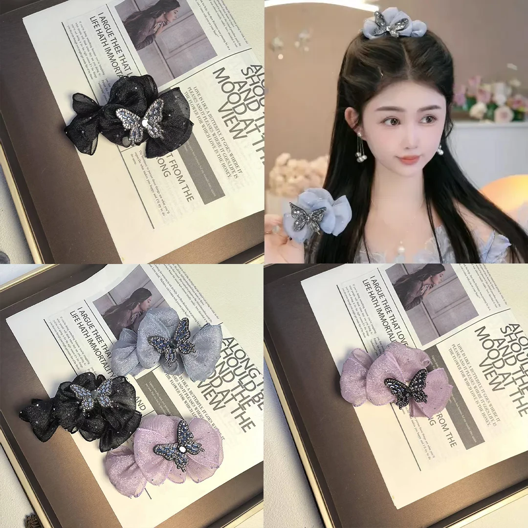 شبكة حجر الراين القوس القرش كليب المألوف مزاجه الحلو الفتيات دبوس الشعر مليئة بالماس فراشة إكسسوارات الشعر