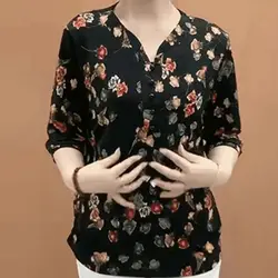 2024 Summer New Women's Blouse V-Neck Button Printed Ventilate All-match Elegant Loose Comfortable Three Quarter Chiffon Tops