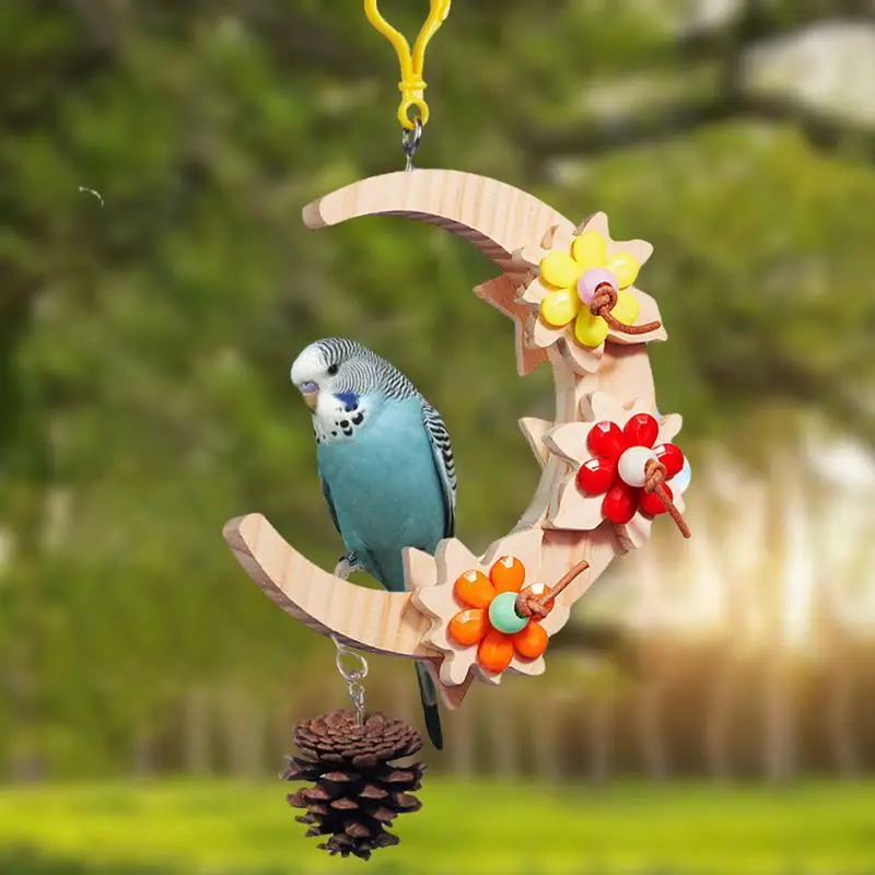 Parrot Swing Bird Wooden Swing Foraging Toys Interactive Bird Cage Accessories Moon Ring Birdcage Decorations Hammock