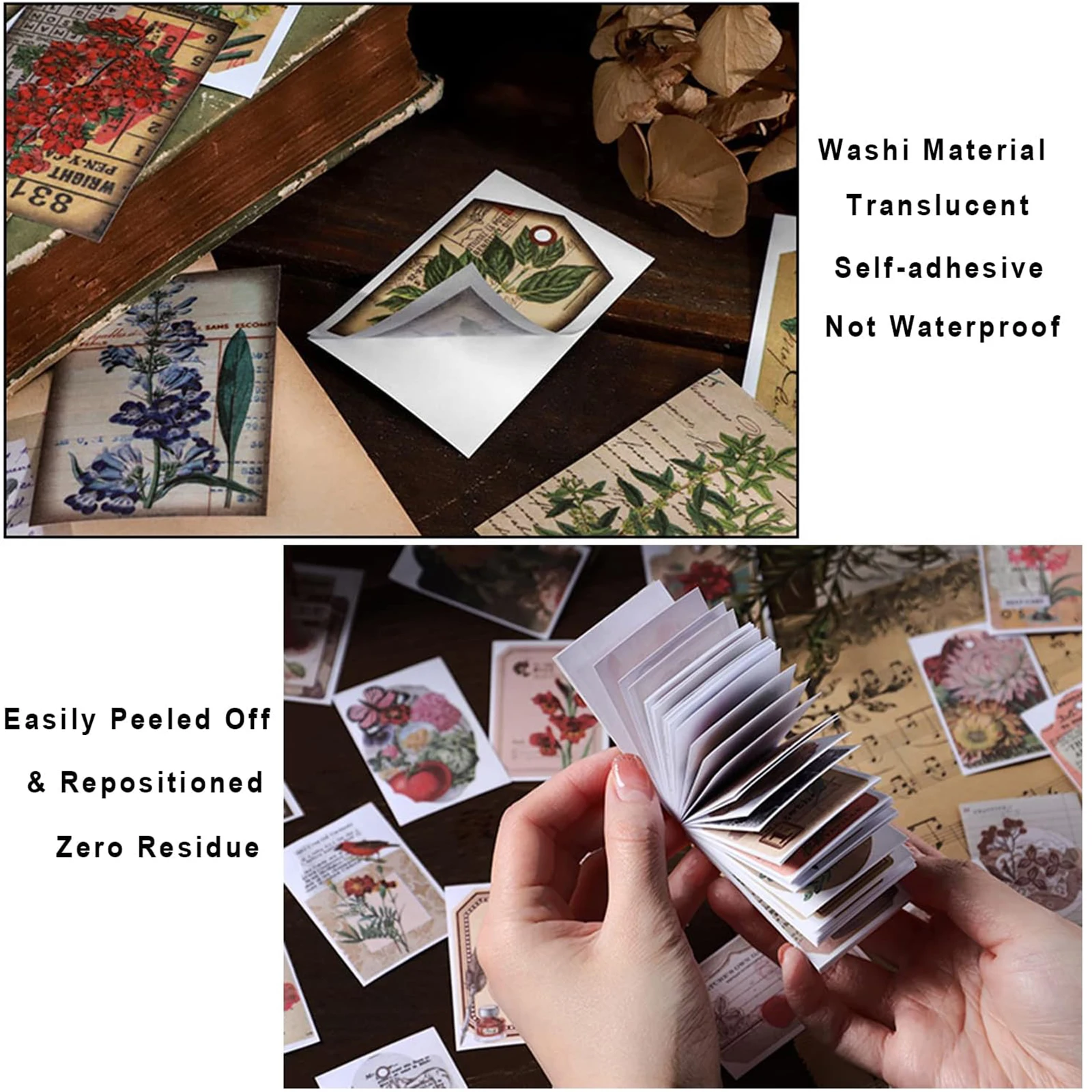 50 Sheets Natural Plants Sticker Book Washi Paper Sticker DIY Material Decoration Memo Pad Scrapbook Stationery