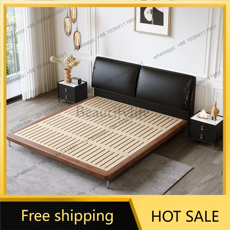 Factory Direct Sales New Leather Bed Modern Minimalist Flush Edge Black Elephant Ear Leather Bed