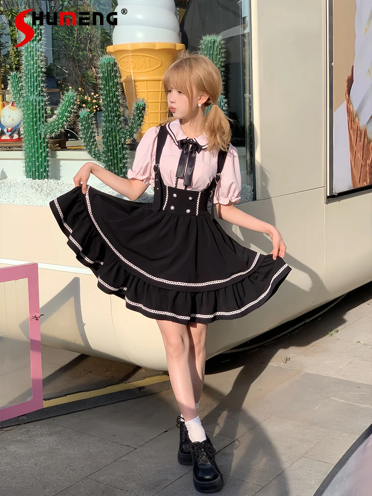 Japanese Mine Lolita Sweet Doll Collar Short Sleeve Blouse Black High Waist Heart Buckle Suspender Dress Two Piece Sets Women