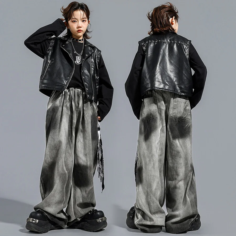 Children Boy Girl Streetwear Hip Hop Punk Leather Motorcycle Vest Dirty Pant Sets Kids Tracksuit Performance Clothes Costume