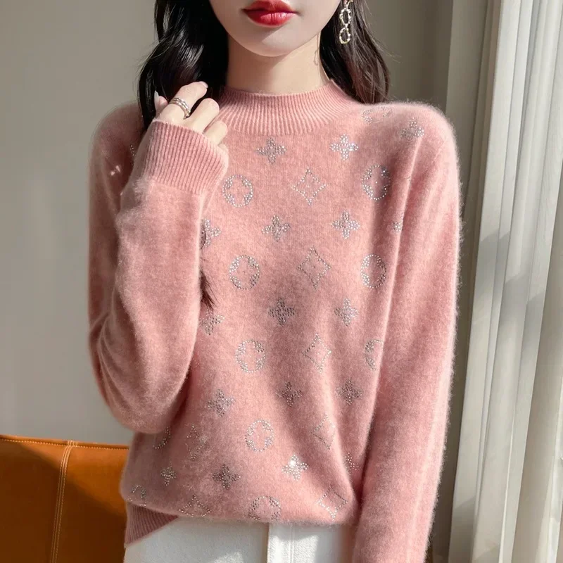 

Женский вязаный свитер из 100% чистой шерсти с вышивкой букв, базовый слой, рубашка с высоким воротником и длинными рукавами, осень-зима, новинка