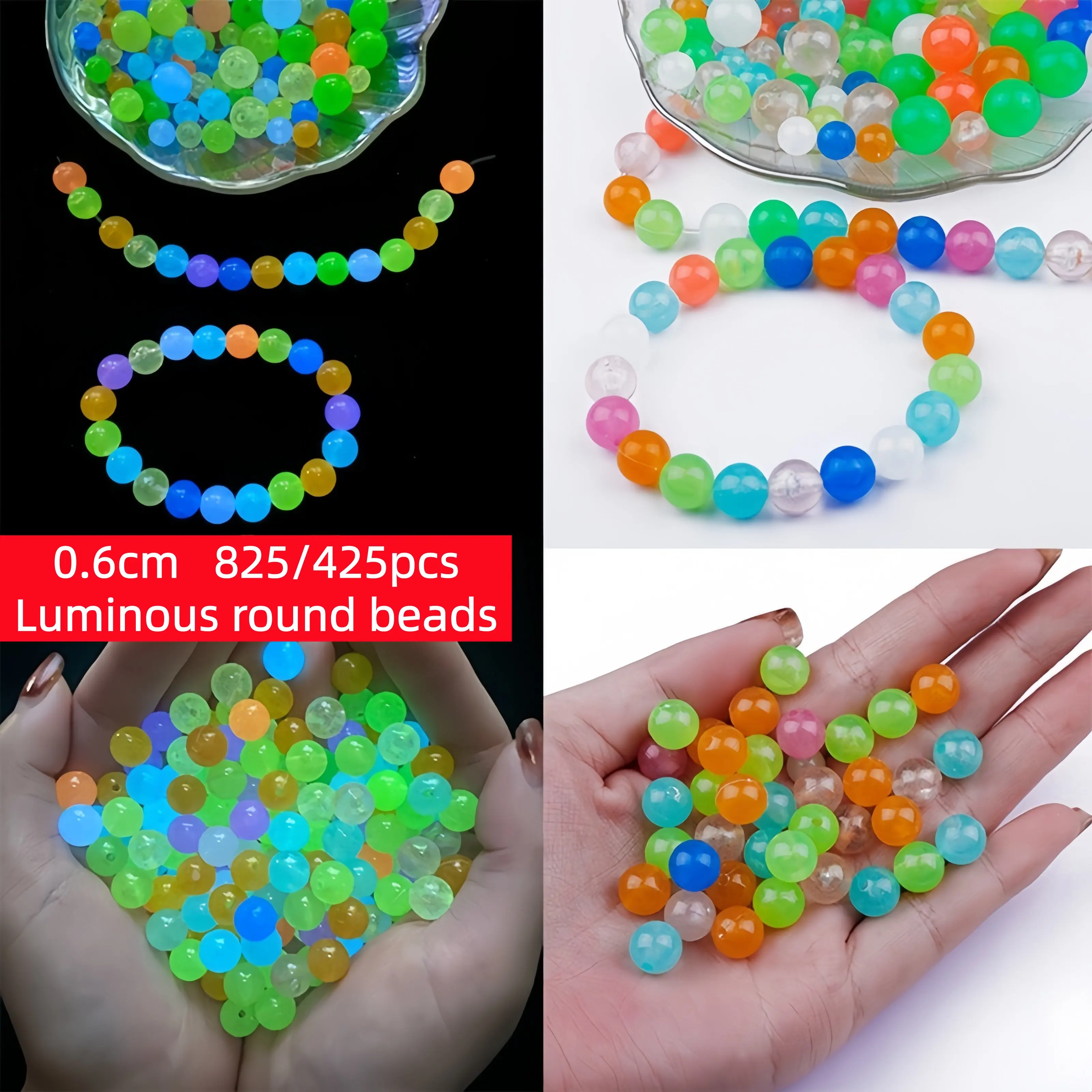 6 mm, 425/825 Stück, DIY leuchtende runde Perlen, lose Perlen. Kann zum Herstellen von Armbändern, Halsketten usw. verwendet werden, in verschiedenen Farben.