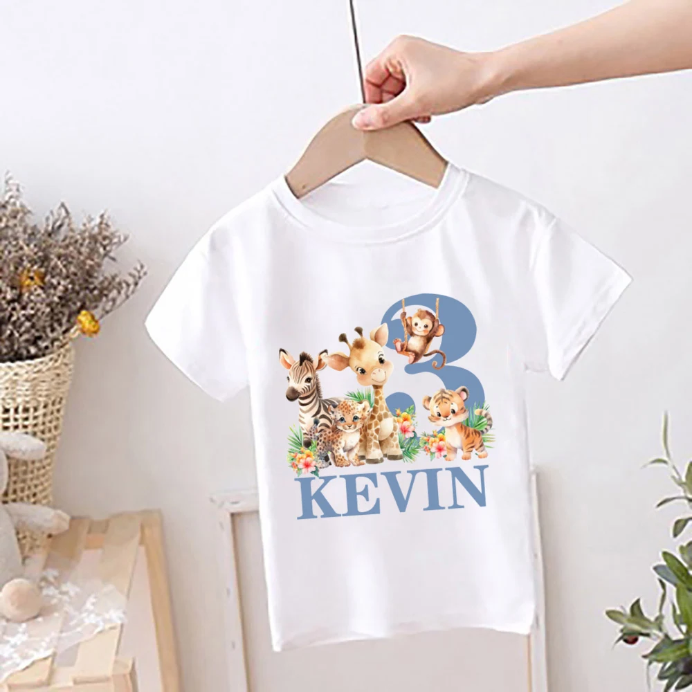 Personalized Boys Birthday Shirt 1-9 Years Shirt Wild Tee Safari Animal with Name T-shirt Jungle Party Outfit Kids Summer Tops