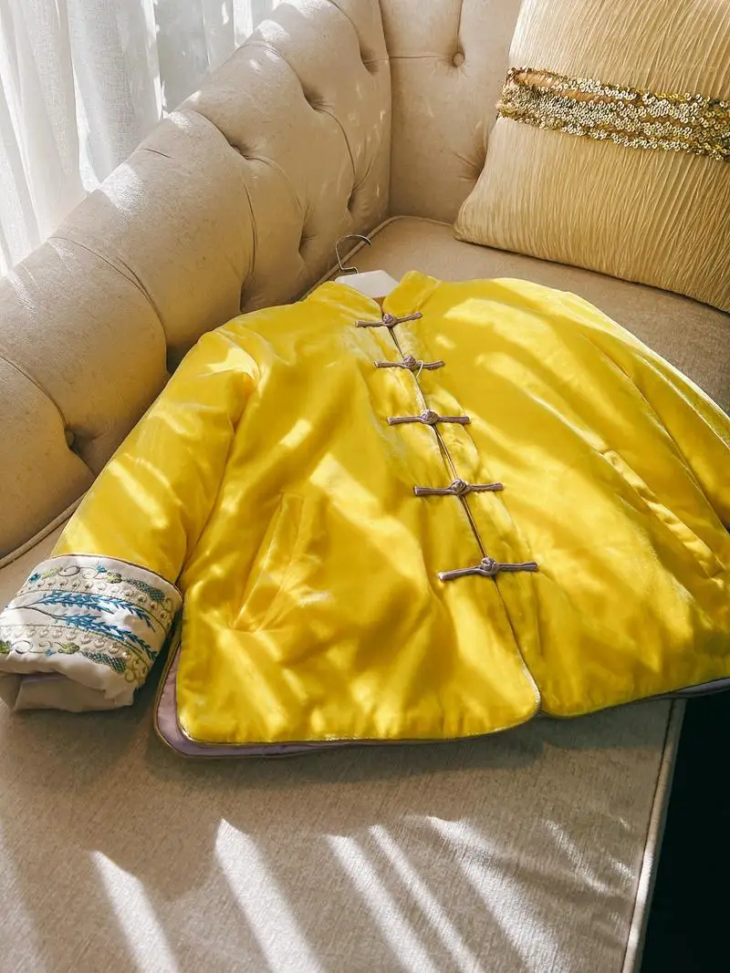 중국 설날 노란색 벨벳 자수 면 자켓 겨울 외투 여성 전통 의상