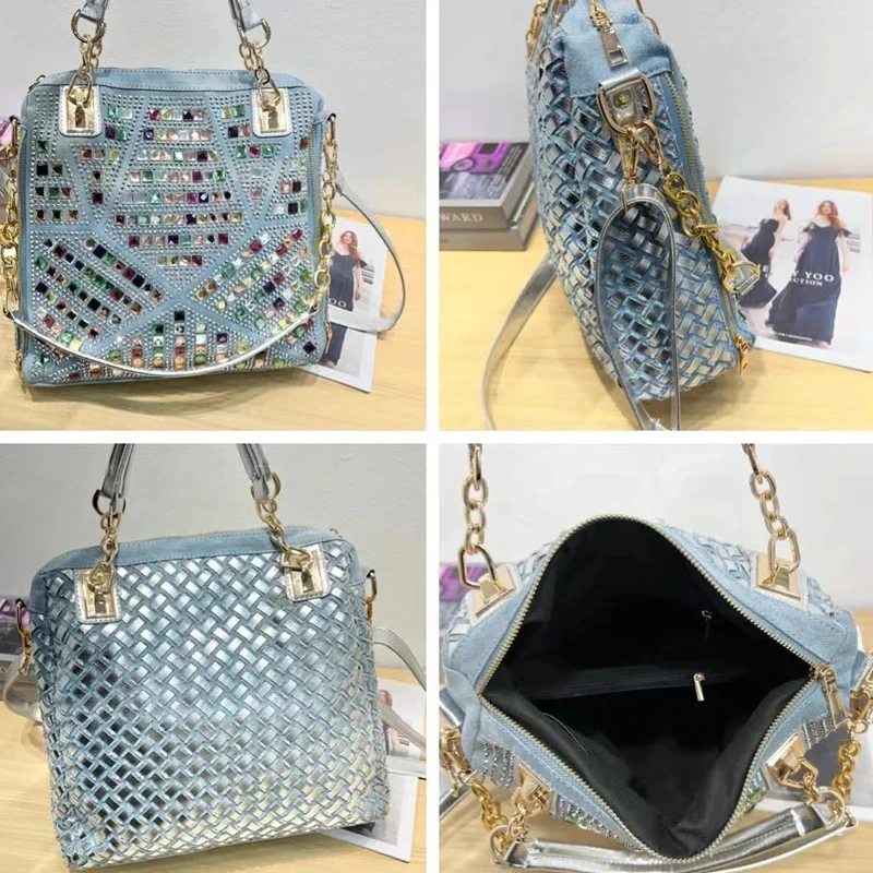 Denim Cloth Bags For Women Luxury Designer Handbags Purses 2024 New In Mosaic Shiny Colorful Imitation Diamond Underarm Shoulder