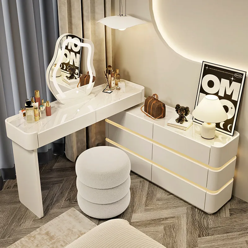 

Cream Style Ultra-narrow 30cm Wide MDF Makeup Table Storage Cabinet Lighted Mirror Adjustable Desktop Integrated Dresser Bedroom