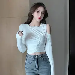 Women's T Shirts Off Shoulder Tees Sexy Plain Slim Black 2024 Tshirts 2000s Trend Female Tops Cool Wholesale Clothes Alt New In