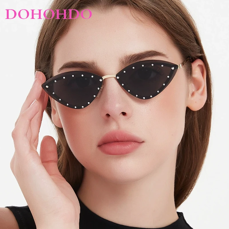 

DOHOHDO New Triangle Cat Eye Sunglasses Alloy Rimless Crystal Shiny Sun Glasses Female Unique Elegant Green Rhinestone Shades