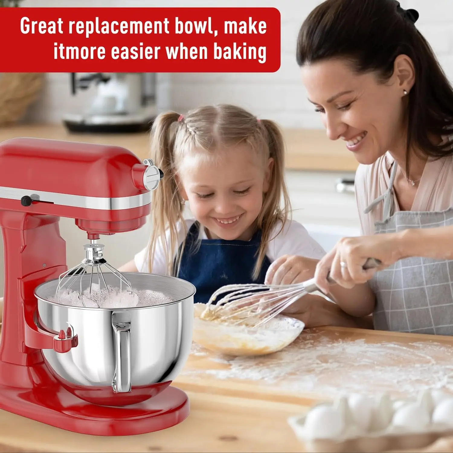 6QT Stainless Steel Mixer Bowl for Kitchenaid Stand Mixers, Kitchen Aid Mixing Bowl for 6QT Lift Mixer with Handle