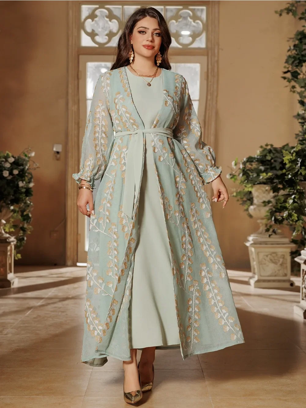 Eid Muslim Abaya Long Dresses Set Turkey Embroidery Sashes Robe Dubai Arabic Jalabiya Party Vestidos Cardigan 2-częściowy zestaw 2024