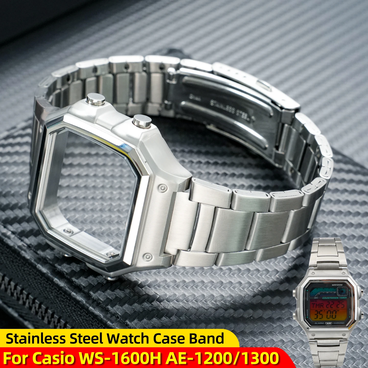 

Корпус и ремешок для часов из нержавеющей стали для Casio AE-1200/1300 WS-1600H, мод-комплект, металлический безель, ремешок с зеркальным водонепроницаемым кольцом, инструменты и запчасти.