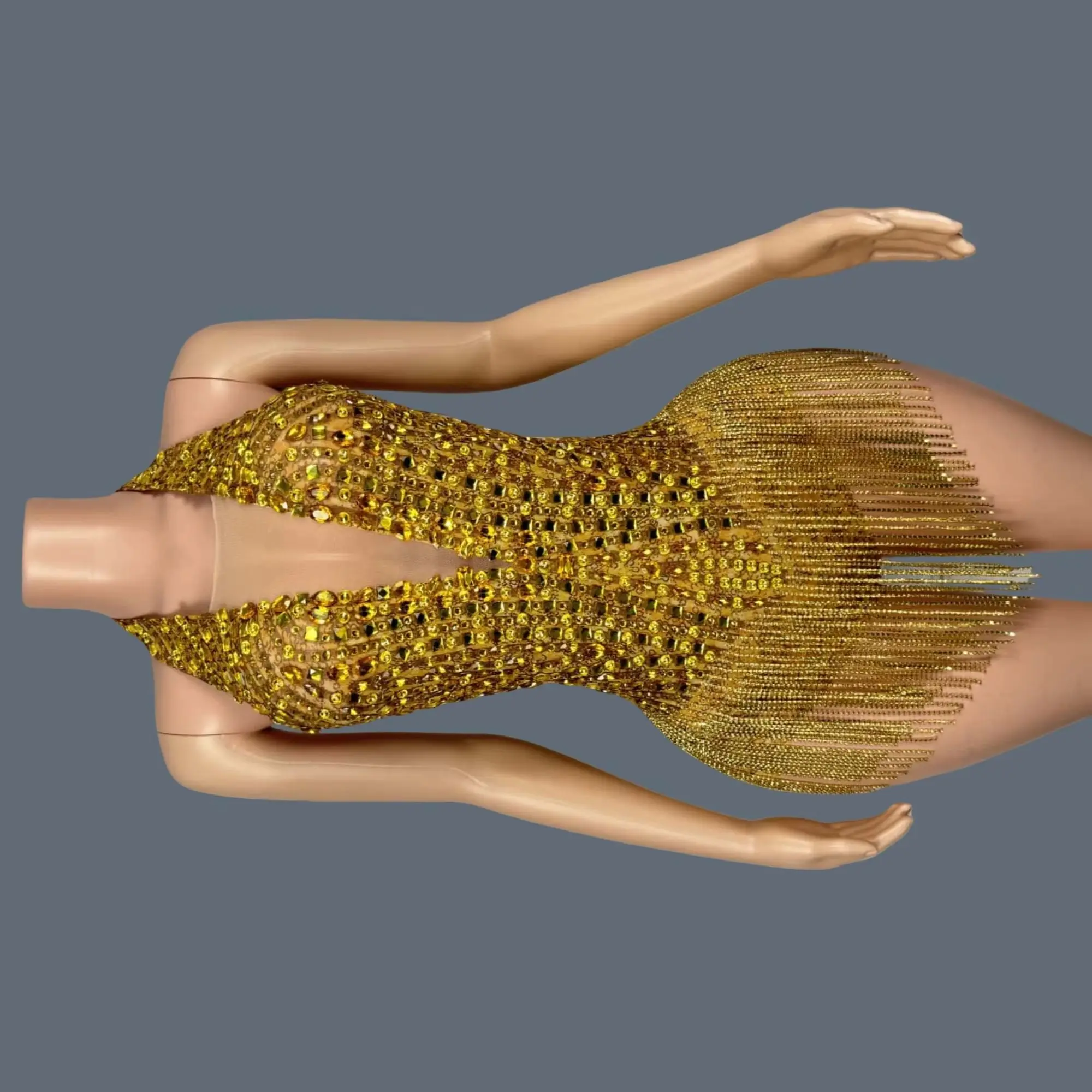 Fashion Tassel Halter Backless V Neck Golden Bodysuit Dance Women Stage Performance Leotard Nightclub Party Sexy Outfit Maisui