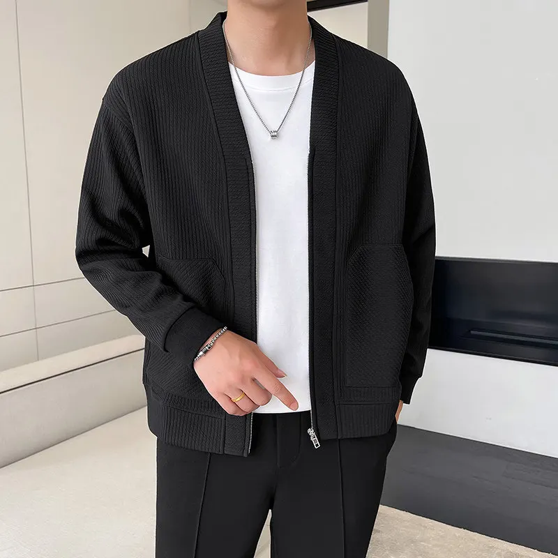 Jaqueta coreana slim com zíper, manga comprida, monocromática, casual outwear, roupa masculina, alta qualidade, primavera, outono, 2021