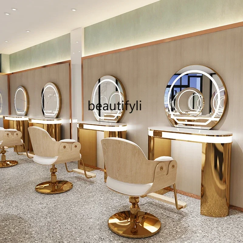 

LBarber Shop with Light Dressing Table for Hair Salon with Desktop Hair Cutting and Perming Area Mirror Cabinet Integrated