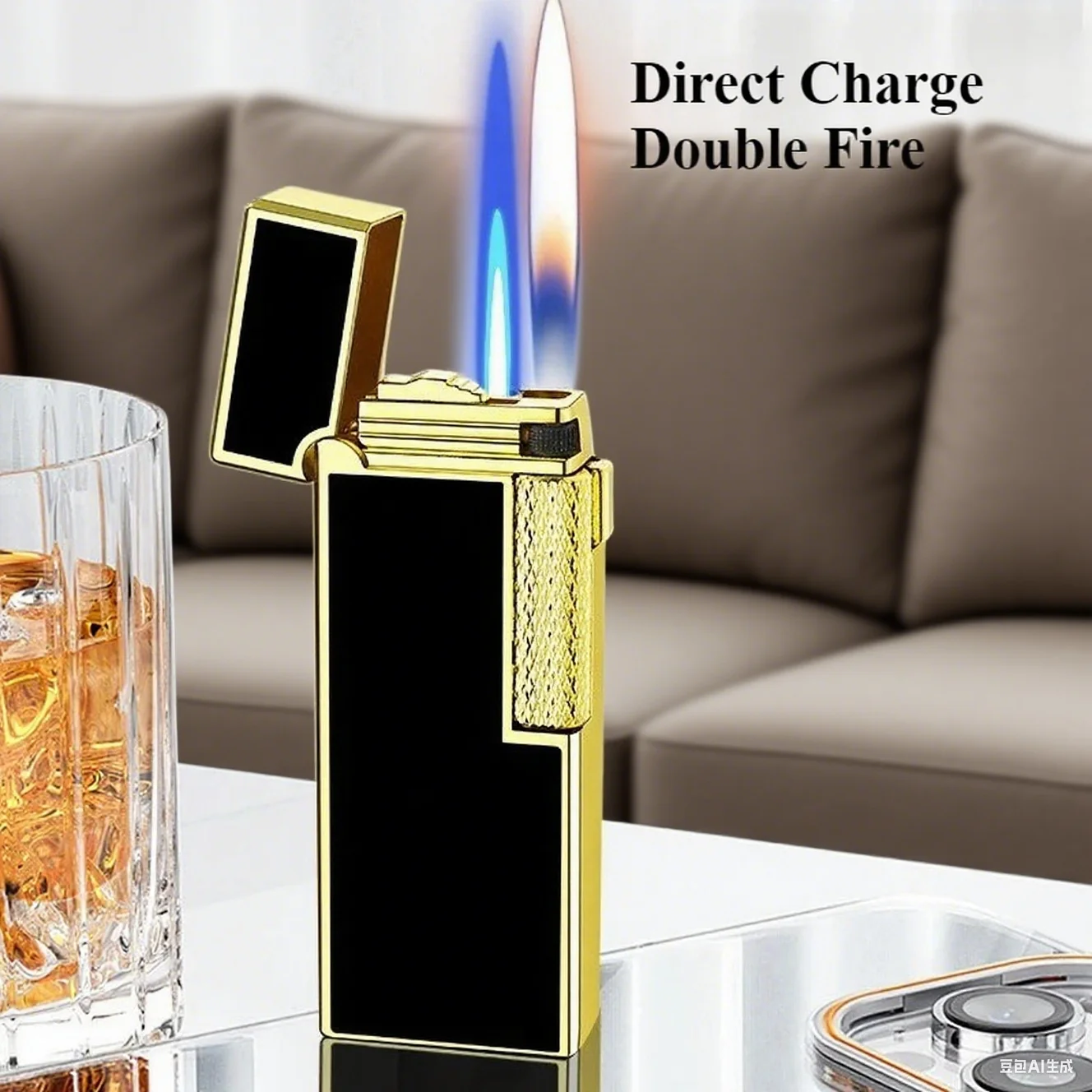 

Fashion Crater-shaped Gas Lighter, Dual-fire Switching At Will, Business Men and Women's Boutique Grinding Wheel Lighter Retro