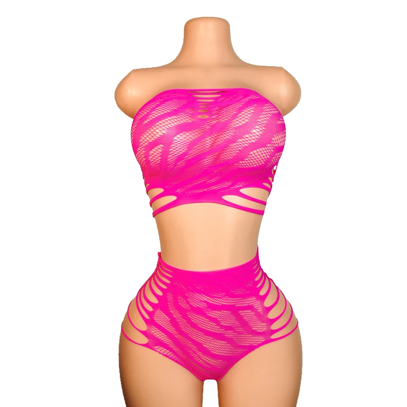 Hot Pink Strapless Hollow Mesh 2Pcs Beach Cover Up Set Without Bikini