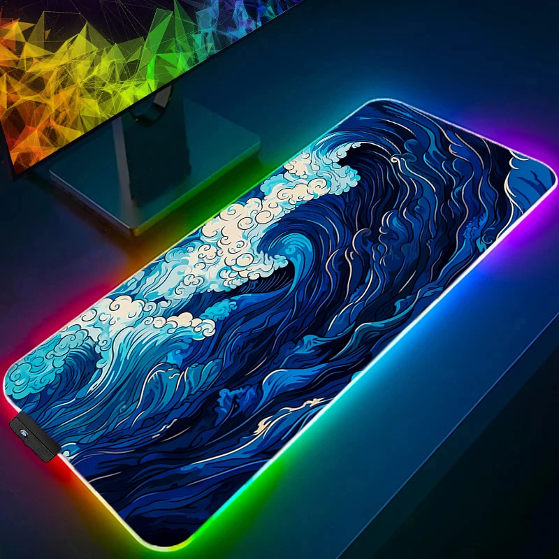 

RGB Mouse Pad PC Gamer Decoracion Desk Mat Huge Waves Anime Mousepad LED Laptop Gaming Accessories Varmilo Keyboard Pad Carpet