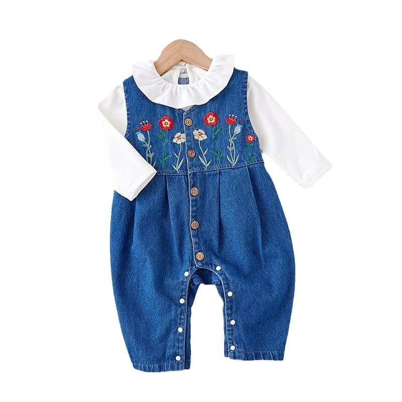 

Осенний джинсовый комплект для маленьких девочек: топ с рюшами на воротнике и комбинезон с широкими плечами. Наряд для младенцев на Хэллоуин с изысканной цветочной вышивкой.