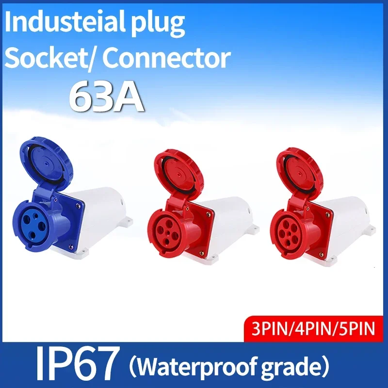 

Industrial Plug IP67 63A Waterproof Connector 3P 4P 5PIN Electrical Dustproof Wall Mounted Socket Panel Concealed 380V 415V