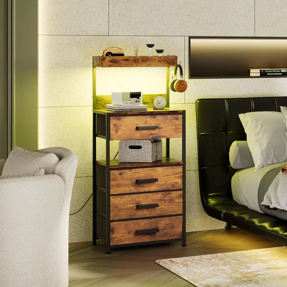 

Bedside table, 4 drawers with LED lights and charging station, vertical side table with cloth drawers, end table, bedroom