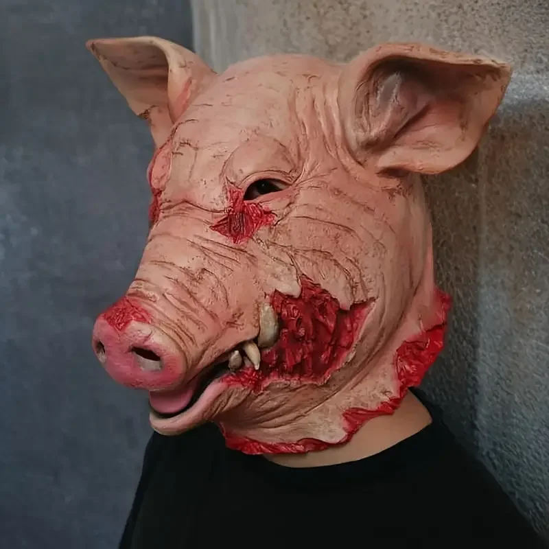 

1pc, horror pig head mask, Halloween latex carnival masquerade costume, role play props, bloody pig head butcher horror adult ma
