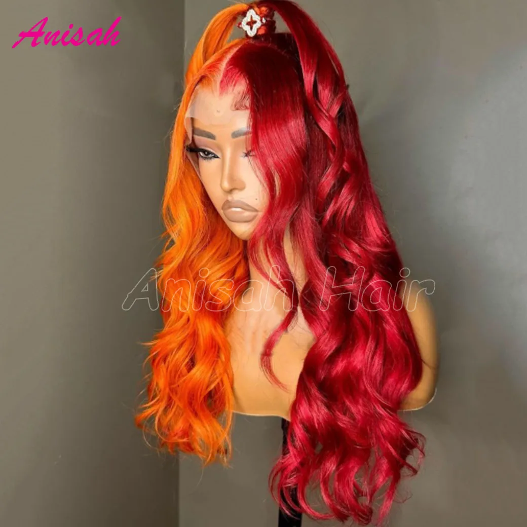 Peluca con malla frontal 13x4 de color naranja y rojo de pelo virgen brasileño, pelucas sin pegamento con cierre de encaje transparente 5x5 para mujer