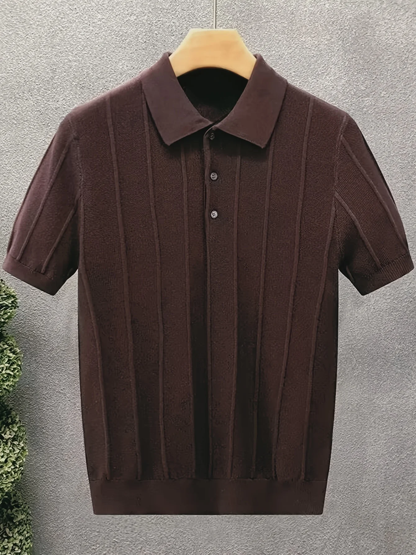 High-End Luxury Vertical Stripe Texture Short-Sleeved Polo Shirt Knitted Top for Men - Summer New Style Solid-Colored Collar Woo