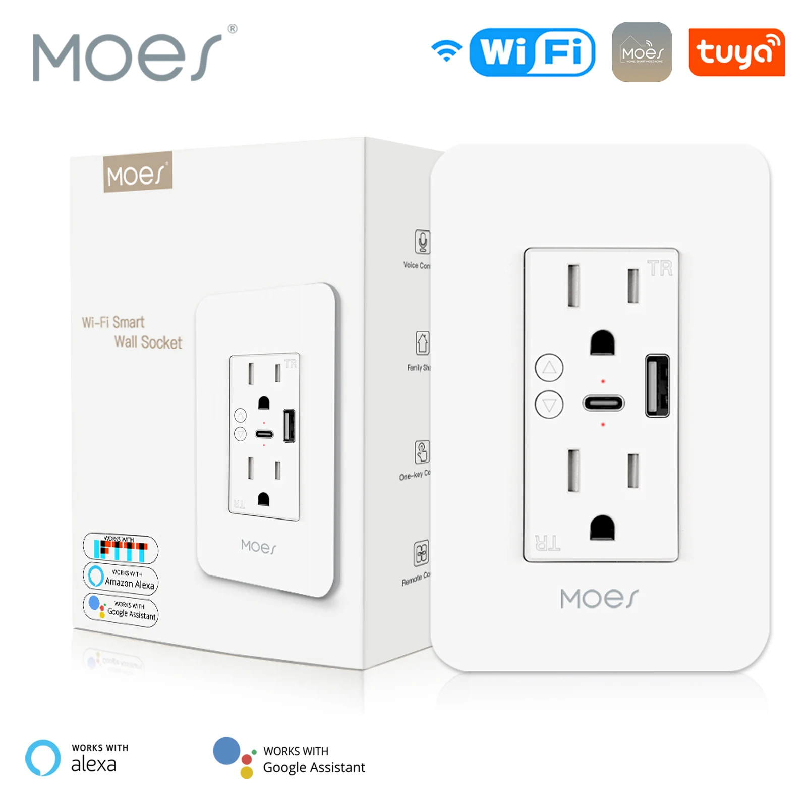 

MOES WiFi Power Wall Socket with Type C And USB Dual Smart Outlet Plug Power Outlets Support Alexa Google Home