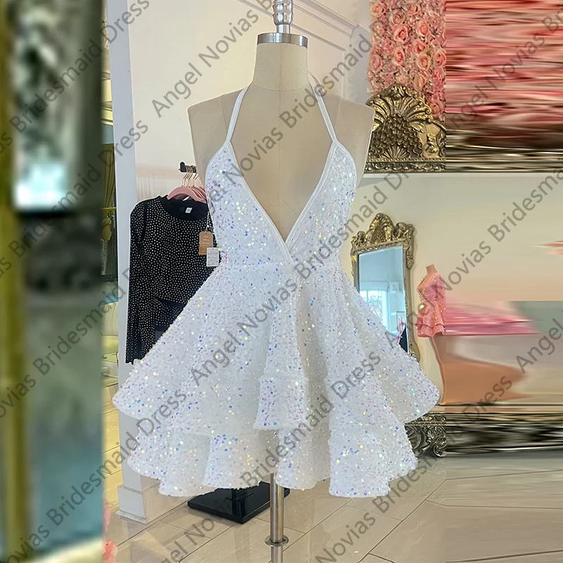 Mini vestidos De graduación blancos y azules personalizados, falda escalonada con cuello Halter, Vestidos De Gala, graduación, fiesta De cumpleaños, 2025