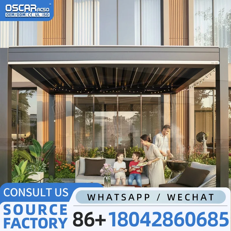Outdoor Aluminium Pergola Waterproof Motorized Gazebo with LED Light Luxury Design pergola