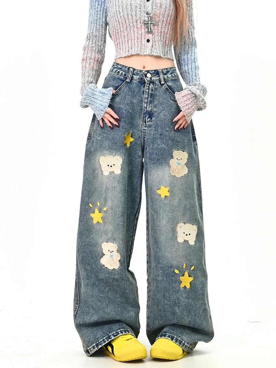 

Джинсы Lazy Bear Star Denim женские свободного кроя, винтажные, весенние, новые, повседневные, длинные брюки в корейском уличном стиле, в пол