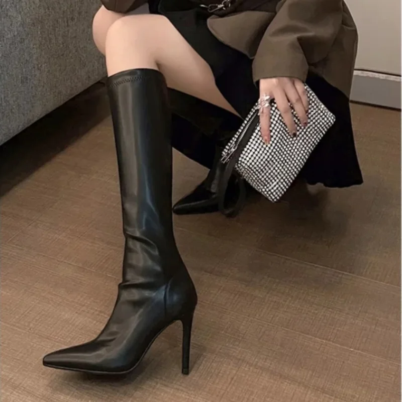 2024 Black Winter Knee High Shaft Heels Pointed Toe Women\'s Boots Leather Footwear Elegant Heeled Shoes for Woman Long Spring