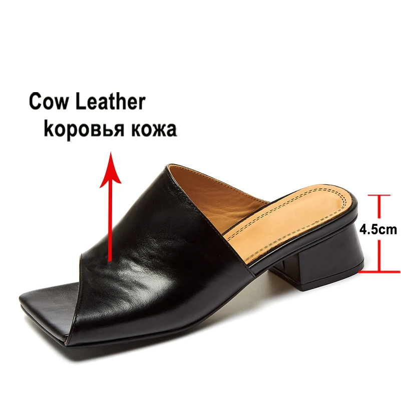 Meotina Women Genuine Leather Sandals Thick Mid Heel Slides Square Toe Sewing Concise Slippers Lady Summer Shoes Claret 40