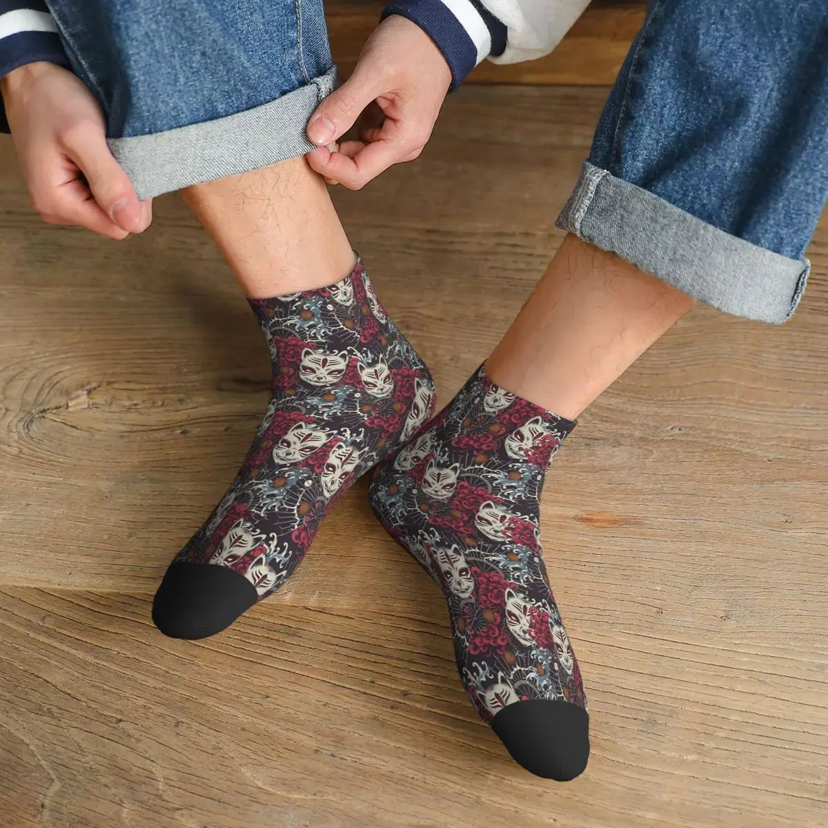 Kitsune-calcetines tobilleros japoneses para hombre y mujer, medias estampadas con patrón de máscara, Primavera