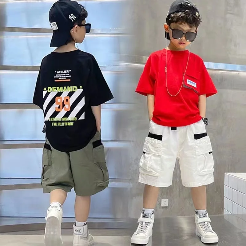 Boys Summer Set 2024 New Western Style Summer Children\'s Korean Loose Short Sleeved Workwear Two Piece Set Trendy