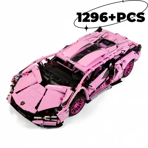 1296+PCS Technical Pink Lamborghinied Racing Car Building Block Model Sports City Vehicle Assemble Bricks Toy For Kids Adult Gif