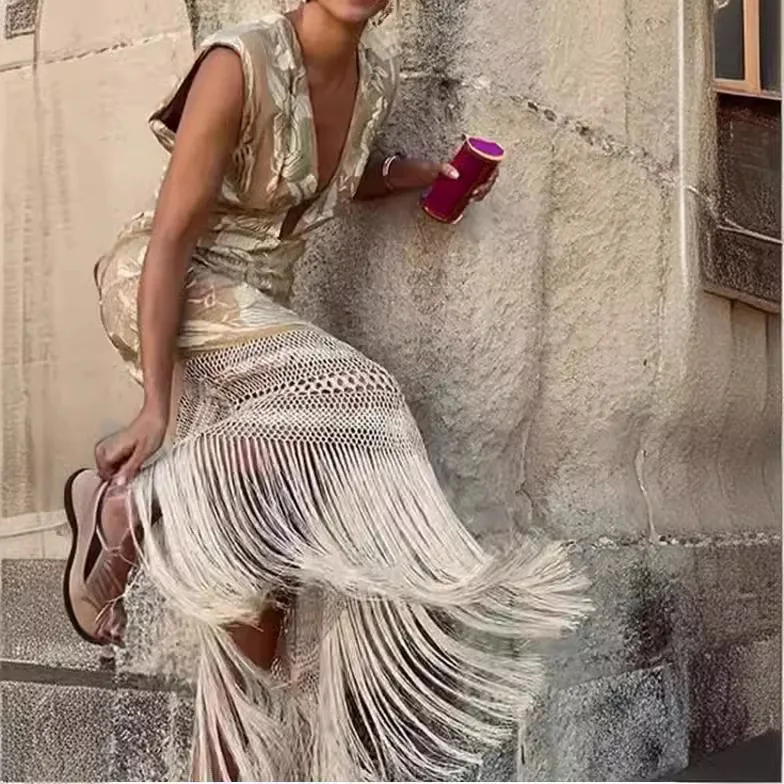 

Spot 2024 AliExpress popular bronzing sleeveless fringed dress V-neck printed long dress high waist hollow dress