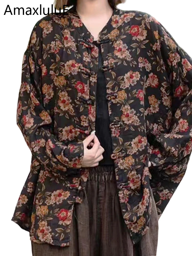 

Amax luluE 2024 Stand Collar Chinese Spring Printed Women Shirts Fashion Luxury Loose Blouses Vintage Casual Classic Ladies Tops