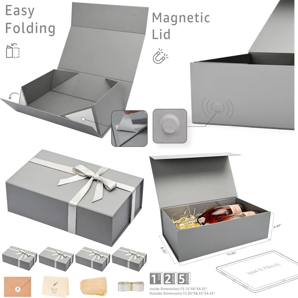

Набор из 5 серых подарочных коробок с магнитной крышкой, 13,85x8,35x4,45 дюймов, для подарков на День святого Валентина и Рождество