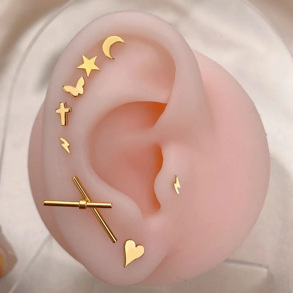 1 pçs de aço inoxidável mini brincos coração estrela lua cruz borboleta cobra helix cartilagem tragus lóbulo orelha piercing jóias