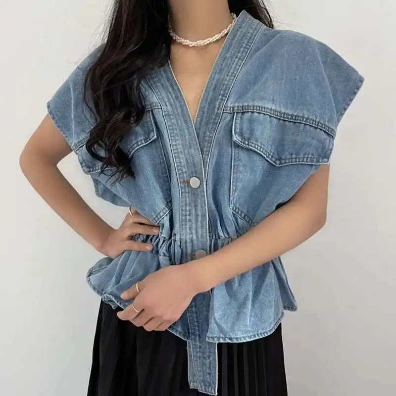 

Summer Waist Cinching Slimming Sleeveless Design Denim Vest Fold Irregular Ruffle Solid Color Top Spring Tide