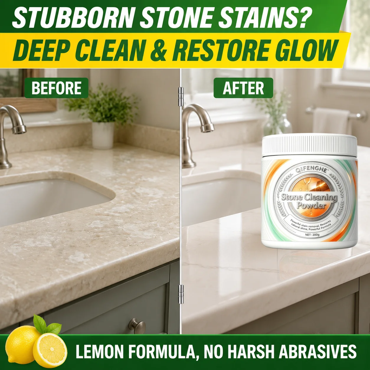 Lemon Scent Stone Cleaning Powder for Granite Marble Countertop Effortless Wipe Remove Hard Water Spots 200g with Sponge