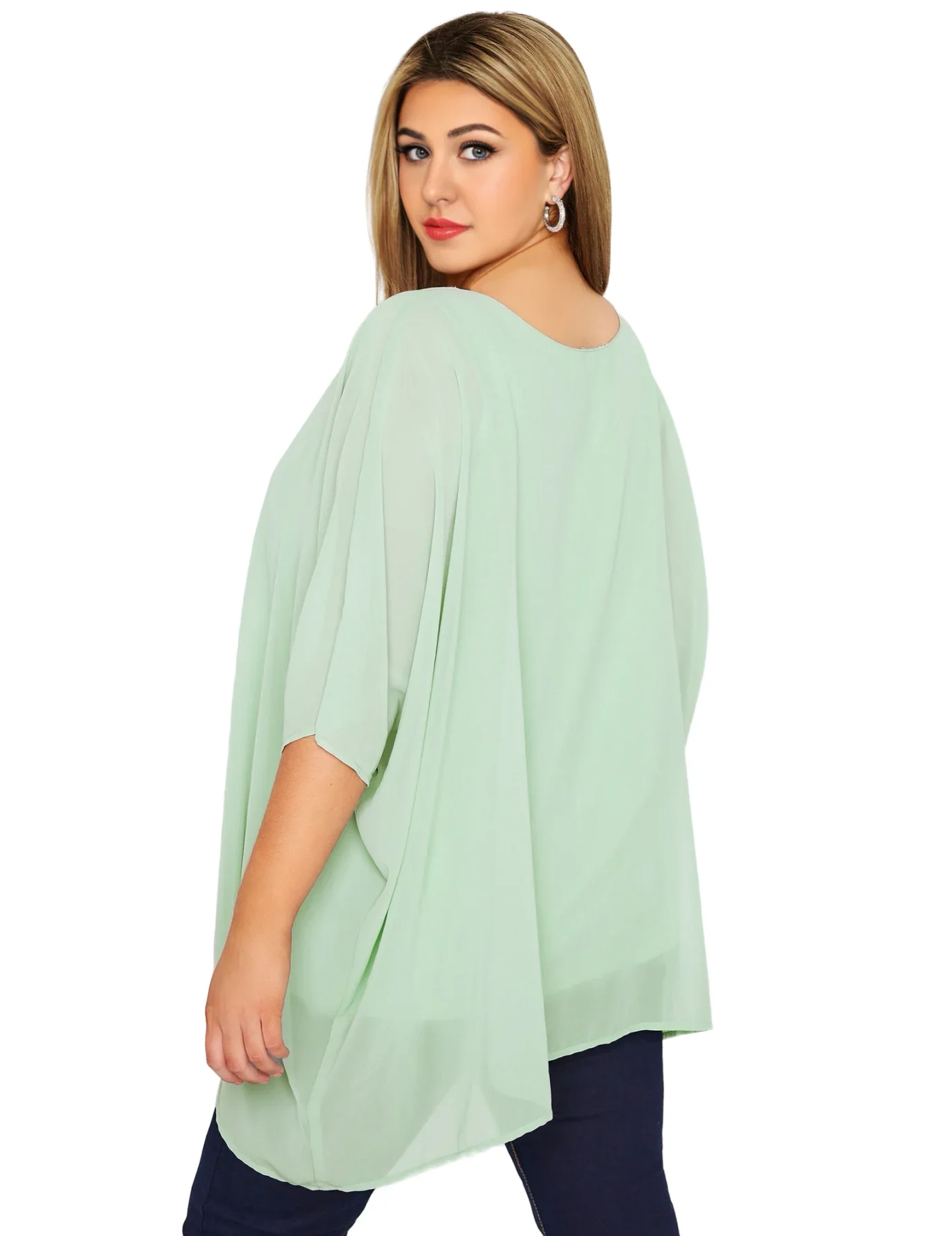 Blusa de batwing de chiffon de manga feminina, plus size, grandes dimensões, blusa de chiffon, gola redonda, grande, casual, túnica top, 4XL, elegante, verão