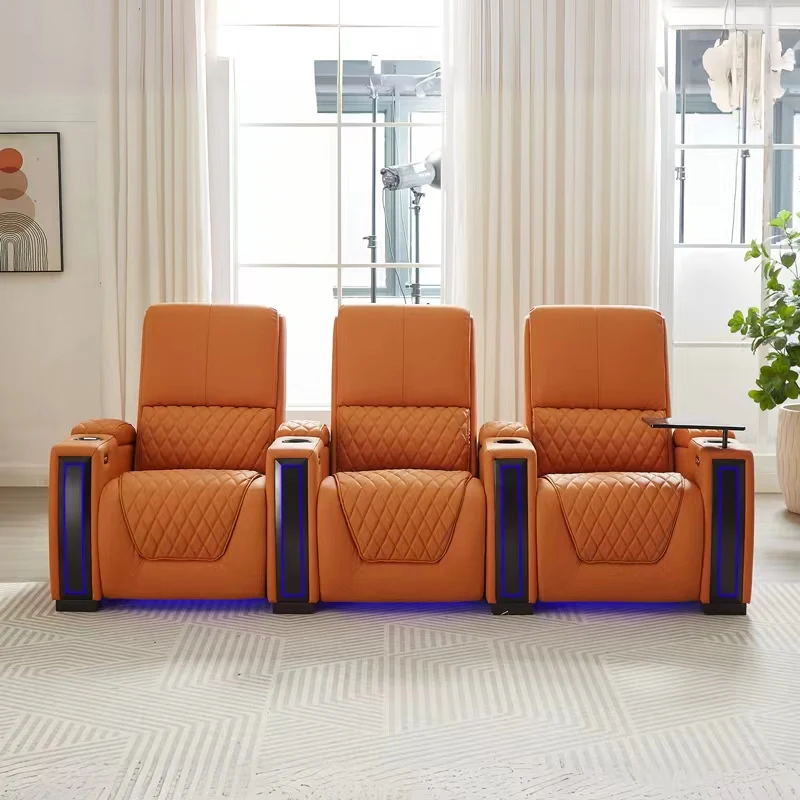 럭셔리 디자인 스마트 홈 가구 전원 리클라이너, VIP 홈 시어터 가죽 소파 의자 좌석, USB 쿨 컵 LED