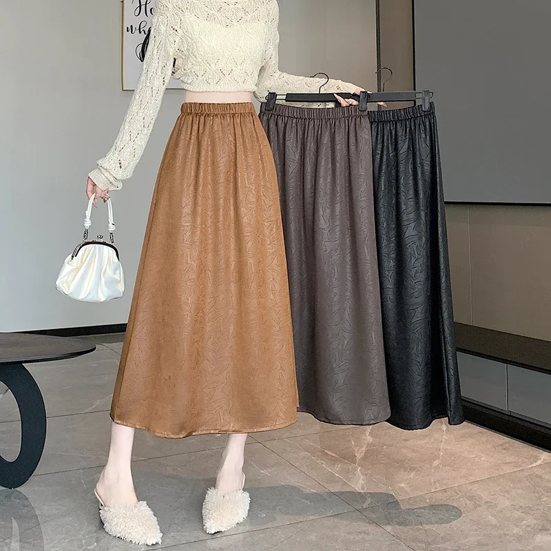 New Retro PU Leather Long Dress  Elastic Waist Slim A-line Dress 2024 Autumn Winter